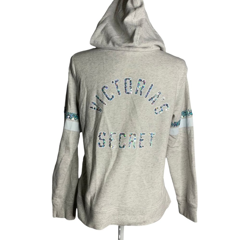 Victoria's Secret Full Zip Hooded Sweatshirt M Grey Sequins Pockets Long Sleeve - Picture 1 of 8